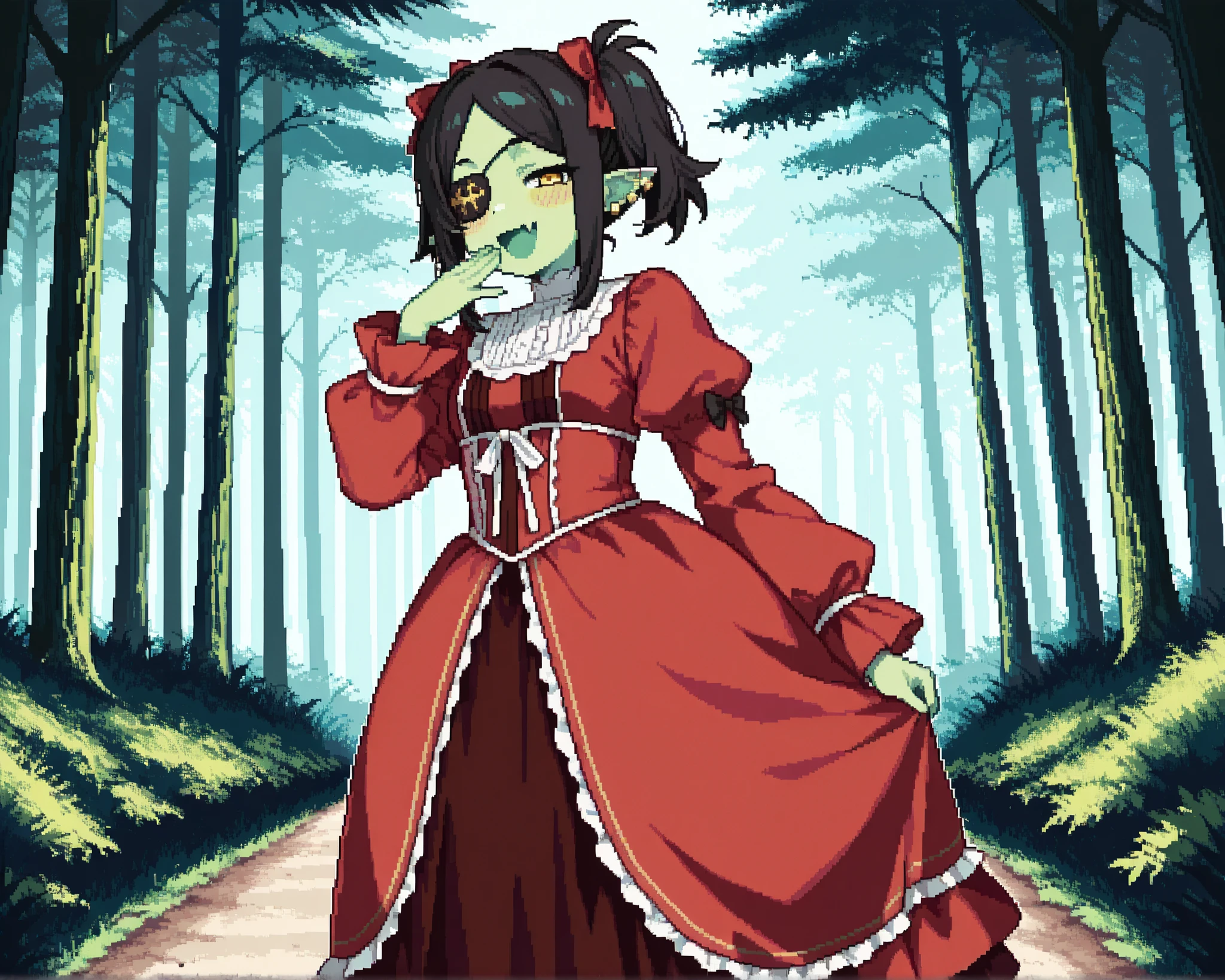 score_9, score_8_up, score_7_up, source_anime, 1girl, solo, pixel art, orc_girl, hoopdress BREAK
Black hair, long sidelocks, short twintails, parted bangs, small breasts, black_eyepatch_on_left_eye, yellow_left_eye, (colored skin, green skin), pointy ears, ear piercing, gold piercing, plump BREAK
Victorian_dress, red dress BREAK
Looking at viewer, happy face, open mouth, flesh fang, blush, half closed eyes, ouju-sama pose, walking, hand to mouth
outdoors, (fancy kingdom), victorian_buildings, forest, pine trees