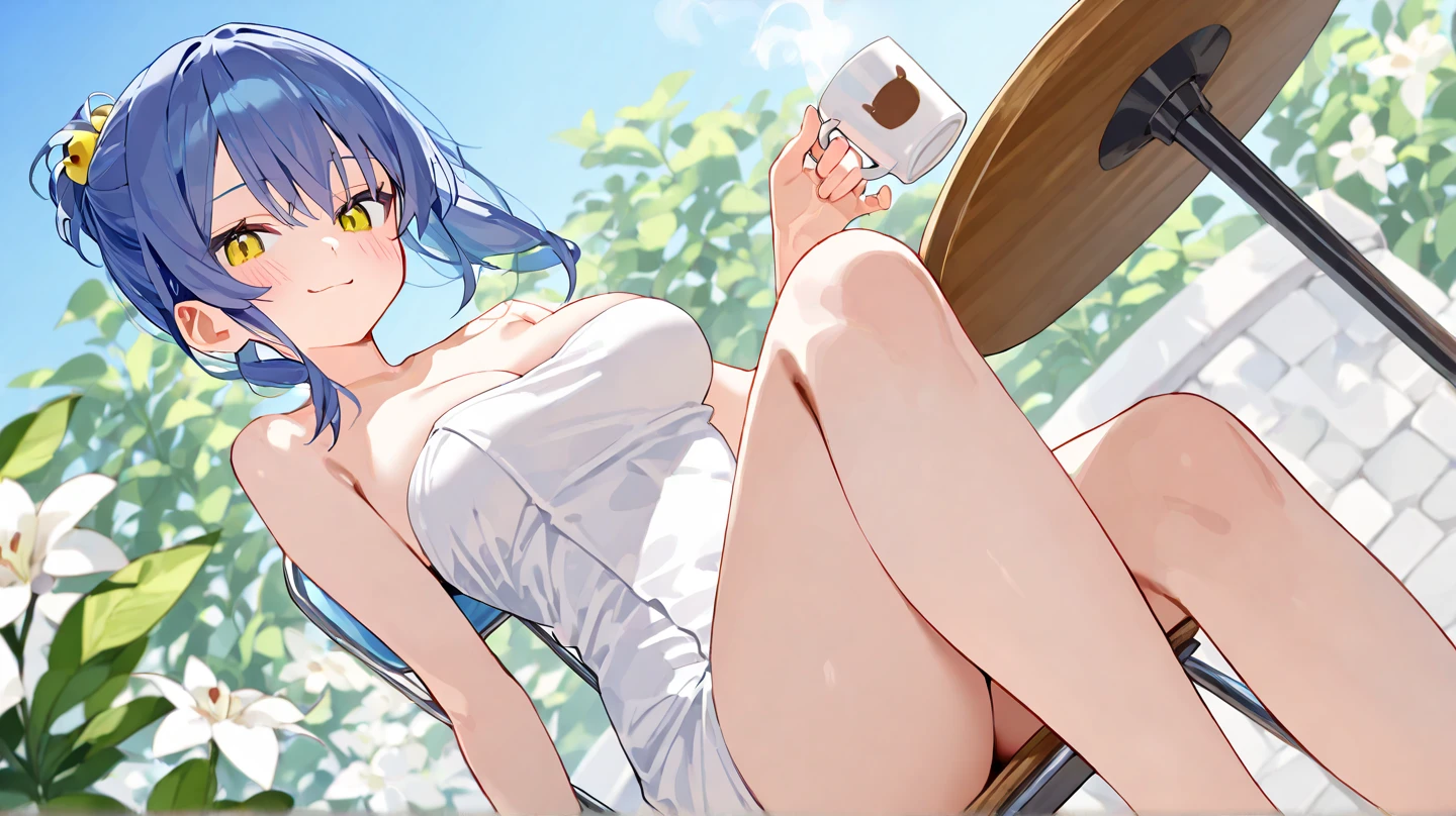 One girl, alone, 10 years old, View your viewers, Dark blue hair, Blue eyes, bangs,smile,A Cup,topless,No pants,Lie on your back,Bird&#39;s-eye view of the whole body,my bed,innocent