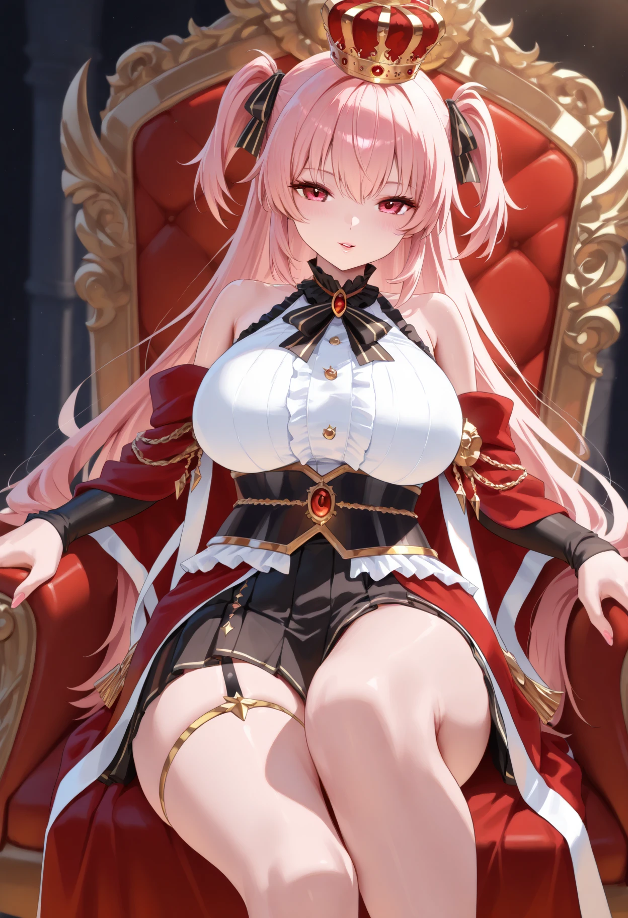 1 confident woman with floor-length pink hair, huge and big breasts, Futuristic royal costume in white with black and gold details, tall woman, blue detailed eyes, sitting on the throne of skulls , judgmental look, golden metal skulls, sovereign pose, cyberpunk queen