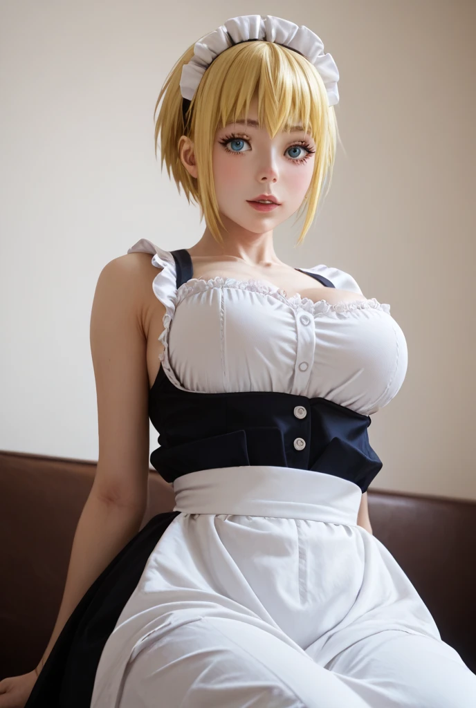 masterpeace, best quality, highres, 1girl, hayasaka ai, solo, blonde hair, maid, blue eyes, side ponytail, hair scrunchie, hair ornament, blue scrunchie, maid headdress, apron, hair between eyes, breasts, long sleeves, bangs, white shirt, black dress, sidelocks, maid apron, black pantyhose, cowboy shot,