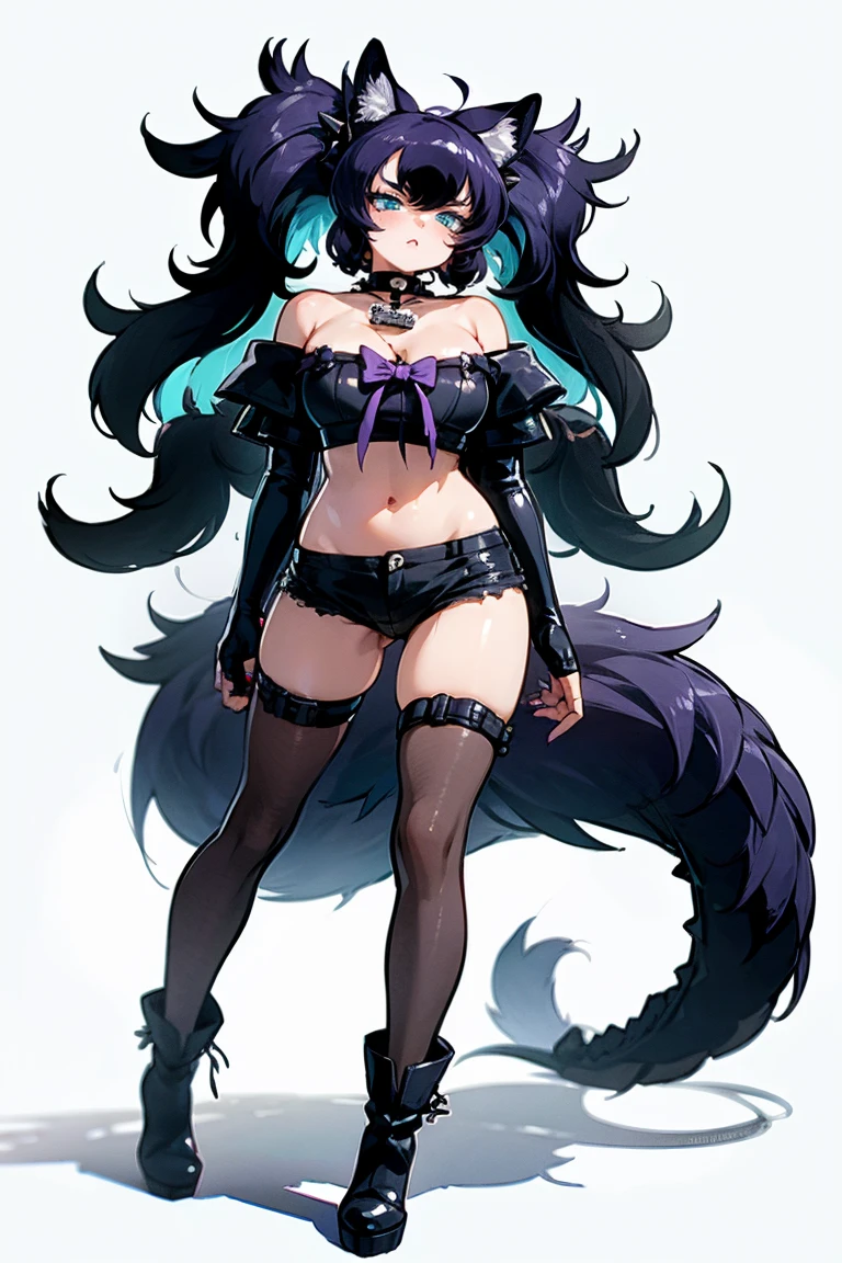 1girl, cerberus \(kemono friends\), black hair, glowing hair, blue eyes, dog ears, tail, breasts, tube top, shorts, collar, fingerless gloves, elbow gloves,  shorts, pantyhose, standing, looking at viewer, open mouth, teeth, claw pose <lora:cerberus-e6:1>