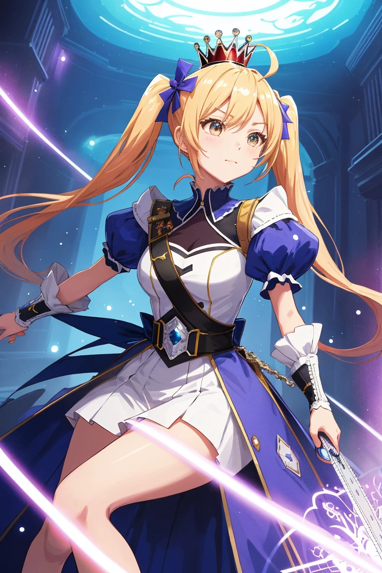 (hyper extreme detailed),(masterpeace),(hyper extreme),(photorealistic),CG,(colour:1.2), beautiful lighting,light from the front, solo, rating:safe,<lora:karin:1>,karin,blond hair,twintails,drill hair,blue eyes,hair ornament,puple short dress,puple miniskirt, sleeveless,wide sleeves,white legwear,boots,