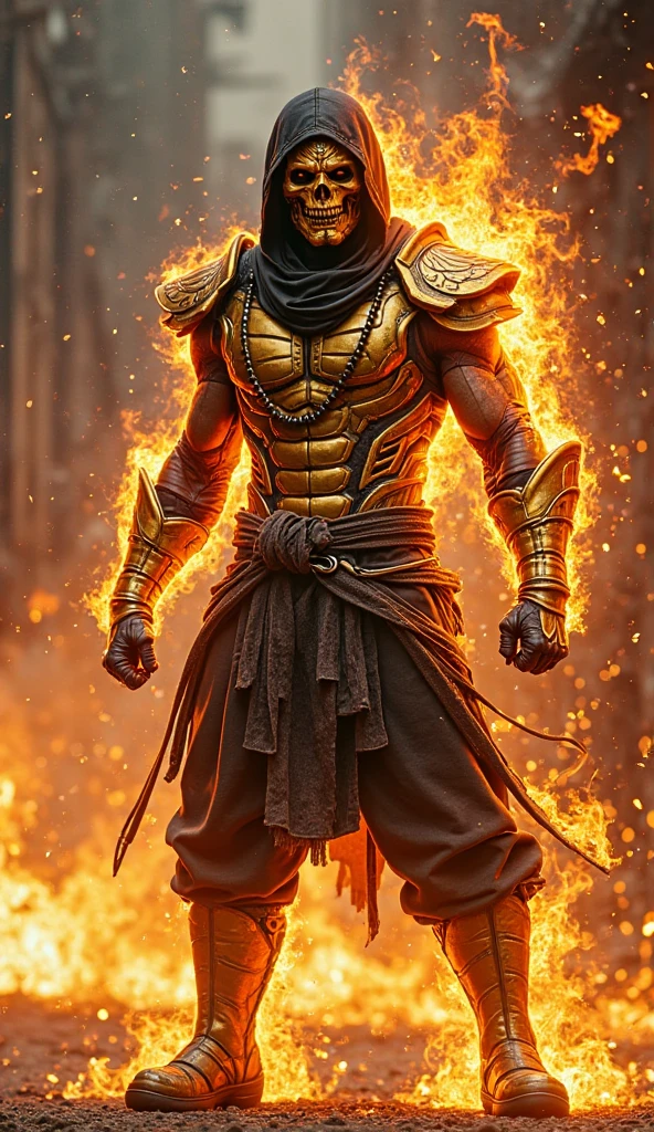 1man, shirtless, martial arts, yelloww mask cover head but not mouth, white eye patterns with black outline , muscular, green costume, yellow belt and boots, burning fists, dragon tatto, mystical city background