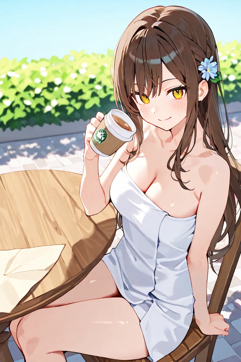 Picture an anime girl with chestnut-brown hair styled in a loose side ponytail, adorned with ginseng-shaped hair accessories. Her ??????, inspired by the serene green tea terraces of Korea, features a refreshing shade of green with subtle tea leaf patterns. Posing on a sunlit terrace overlooking green tea fields, she stands with a cup of tea in hand. The ?????? has delicate tea leaf-shaped charms, and her expression is one of relaxed contentment, capturing the essence of a Ginseng Green Tea Terrace Soiree.