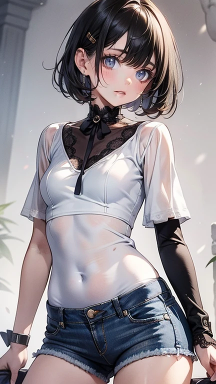 (masterpiece, best quality:1.2), 1girl ,   <lora:higuchi_madoka_V10:0.7> Higuchi Madoka, (brown hair, purple eyes, mole under eye, mole, hairclip, short hair, bangs), stare, ringed eyes, smile, see-through, closed mouth, ((dark background)), up close,  ((white t-shirt, black panties, middle thighs)), <lora:colorize:0.6>