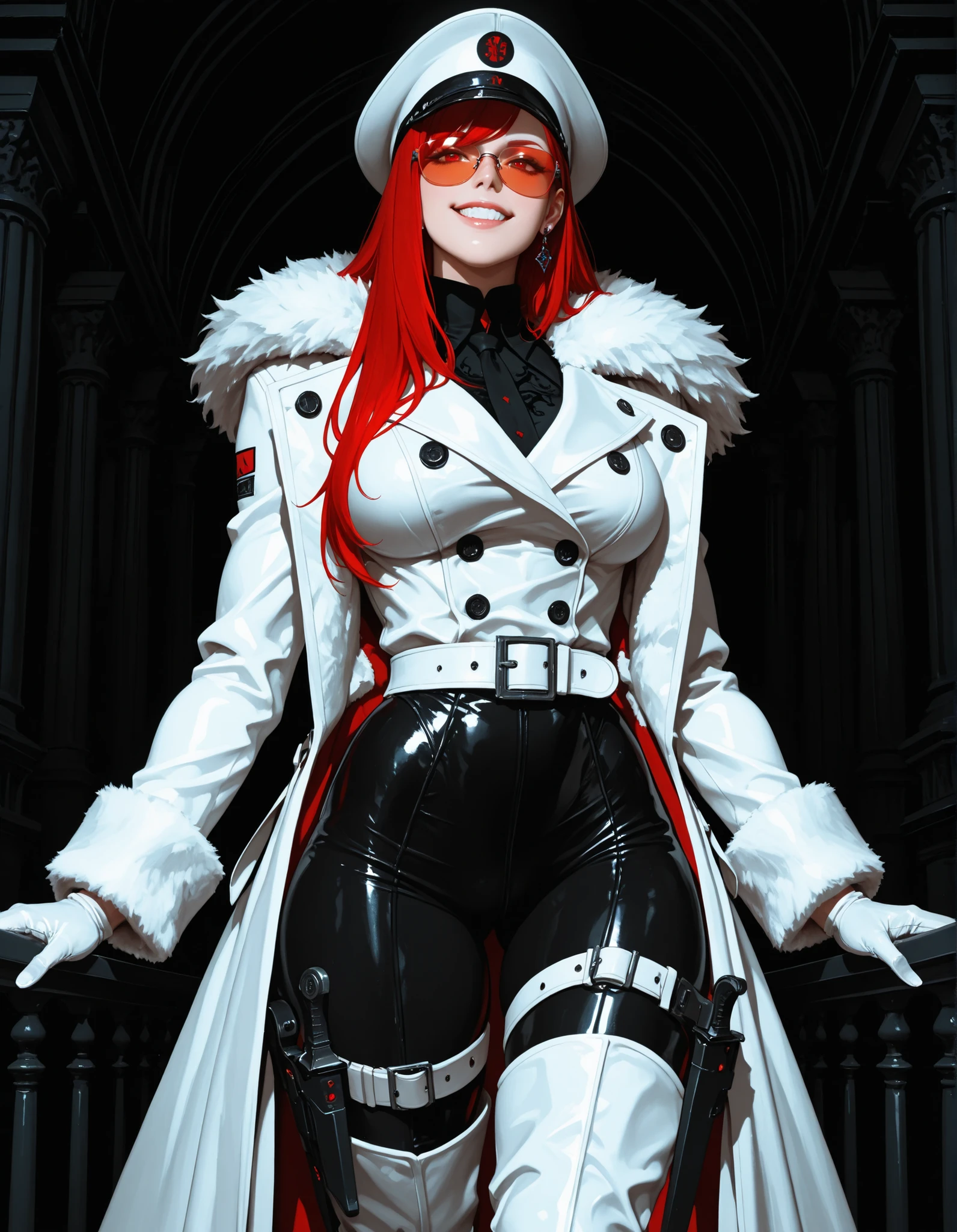 [cowboy shot], a beautiful young woman with long red hair, detailed facial features, ((wearing high quality high waist black leather pants)), ((a formal white colored top with cleavage and long sleeves)), ((a white fur coat on shoulders)), ((luxury waist belt)), ((red tinted glasses)), ((black leather gloves)), holding a handbag, hand on waist, (best quality,4k,8k,highres,masterpiece:1.2),ultra-detailed,(realistic,photorealistic,photo-realistic:1.37),high fashion,editorial,dramatic lighting,cinematic,vivid colors,intricate details, glamorous