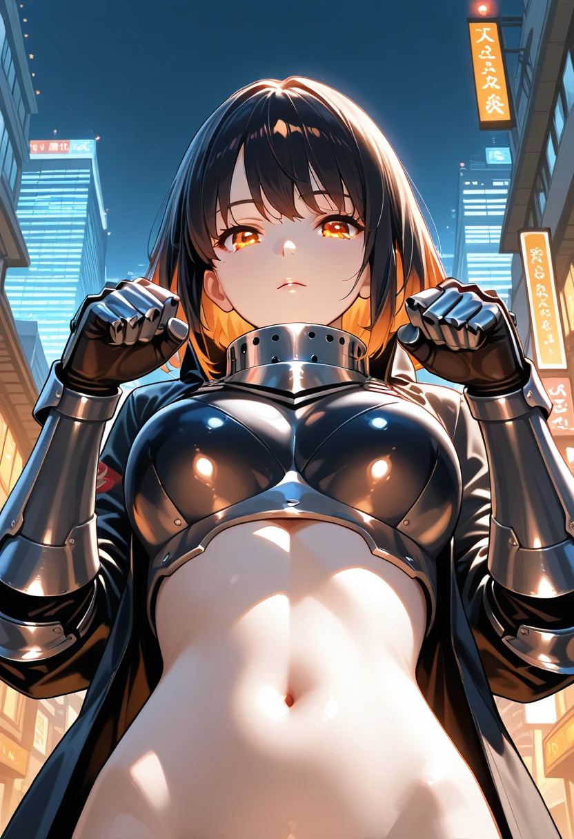 Highest quality、Realistic、woman、zoom、Orange eyes、Short black wavy hair、Reinforced Body、Hero Suit、Glossy white bodysuit、Blue and gold accents、thin、Dark Skin、Flat Chest、Inappropriate smile、Busy Street、Bust Shot、