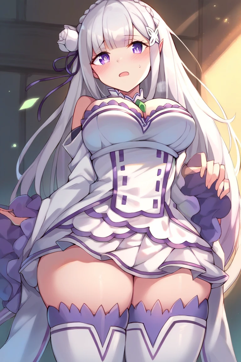 (masterpiece:1.2, best quality:1.2, beautiful, high quality, highres:1.1, aesthetic), detailed, extremely detailed, ambient soft lighting, 4K, perfect eyes, perfect face, perfect lighting, 1girl, solo, huge breasts, huge ass, huge thighs, narrow waist, wide hips, thick thighs, curvy, standing, looking at viewer, facing viewer, Emilia, Emilia from re zero, long hair, silver hair, blunt bangs, braid, hair ornament, hair flower, hair ribbon, purple ribbon blue pupils, purple eyes, ringed eyes, elf, cleavage, center opening, leotard, outdoors, (masterpiece:1.2), highres, best quality, 8k, very clear,