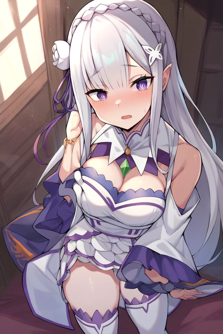 Emilia re:zero, purple eyes, Emilia, crown braid, x hair ornament, flower hair ornament, white hair, long hair, medium breasts, Graceful legs、long thin legs、thighhighs and skirt、long legged、Very beautiful slim legs、Very beautiful long slim legs、Sitting on a desk、nice leg、good hips and long legs、Beautiful legs、cleavage of the breast、Colossal 、 kindly smile、cafe terrace