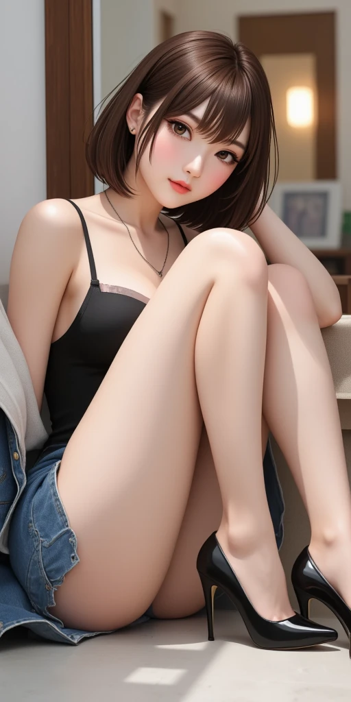 girl, high heels shoe dangle, cross legged on a chair, hot girl, looking at viewer, sitting, from side, wearing bikini