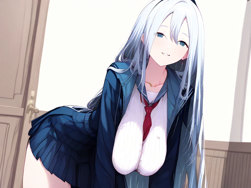 beautiful, masterpiece, best quality, extremely detailed face, perfect lighting, 1 girl, solo, slim, cowboy shot, cute, textured skin, detailed eyes, <lora:yorktown_azurlane_V1:0.8> yorktown (azur lane), white hair,long_hair, straight hair,blue_eyes, silver_hair, naked shirt, kneeling, panties, smile