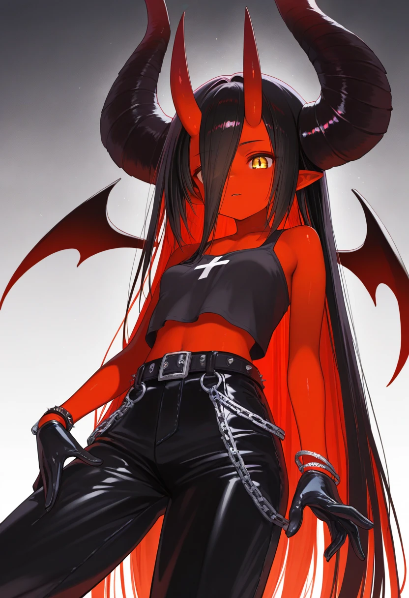 1girl wearing very light black armor, mature, alone, full body, jet black hair, colored skin, (Red skin:1.1), big breast, erotic body, Demon horns, succubus tail, (yellow eyes), long hair, pointed ears, (freckles all over the body), (black lips), cross-legged, anime screencapture, masterpiece, The best quality