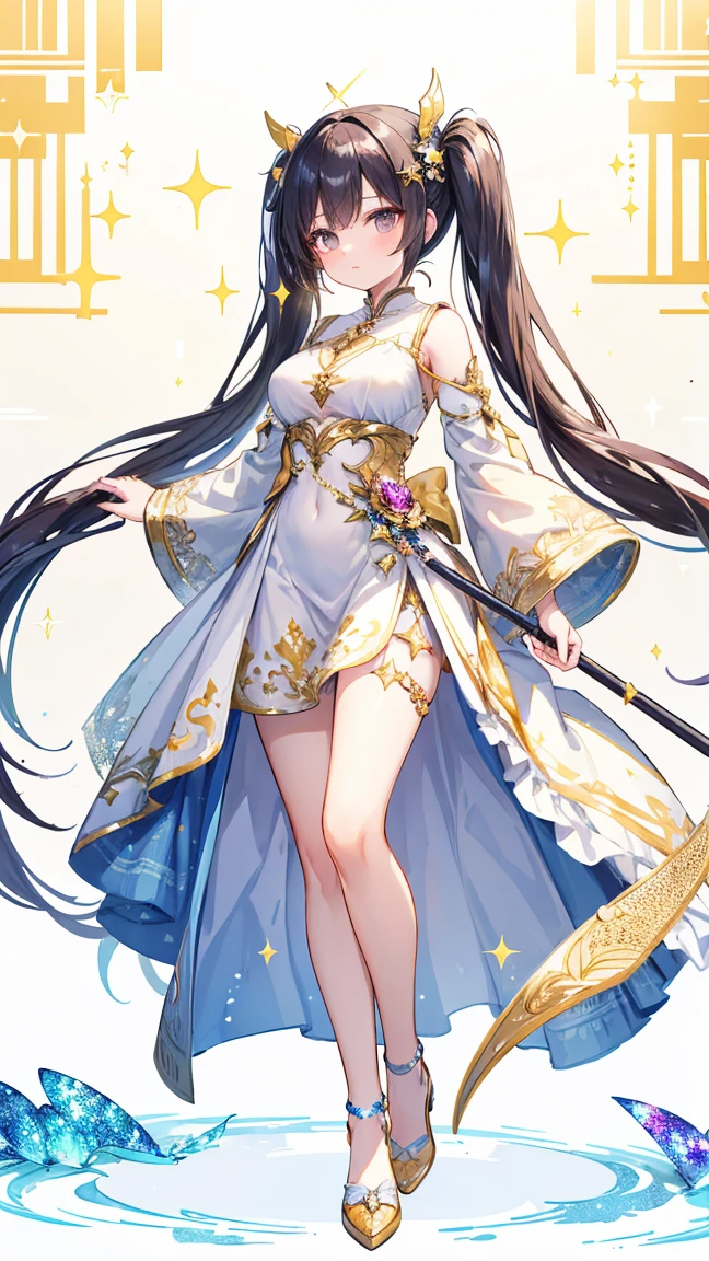 A Chinese style,Princess like porcelain,As beautiful as a porcelain doll,Oval face,Willow Leaf Eyebrows,Peach Blossom Eyes,Very beautiful,Black hair,loose hair,Dissemination,Snow-white skin,Rose pure color,Dancing gracefully,Pink and white dress,Skirt,Flying in the wind,Peach blossom petals all over the sky,Floating in the air