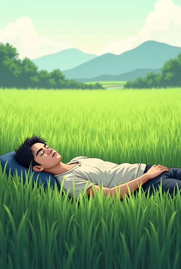 Um homem de costas fazendo massagem em mulha mulher deitada, observando um campo com flores ao estilo realista.