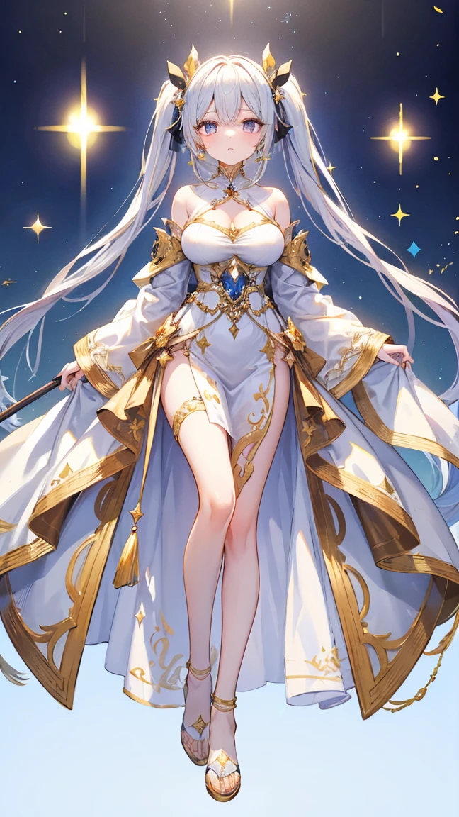((tmasterpiece)),high high quality,ultra - detailed,white color hair+golden outfit,delicate leg,Beautiful dress:1.2,Sweet and delicate girl,Delicate facial features,perfect bodies,Surrounded by roses,Vivid and bright colors,Pearl white background,Romantic long hair,Natural light,Warm and sweet,blue color eyes,Flower hair decoration。