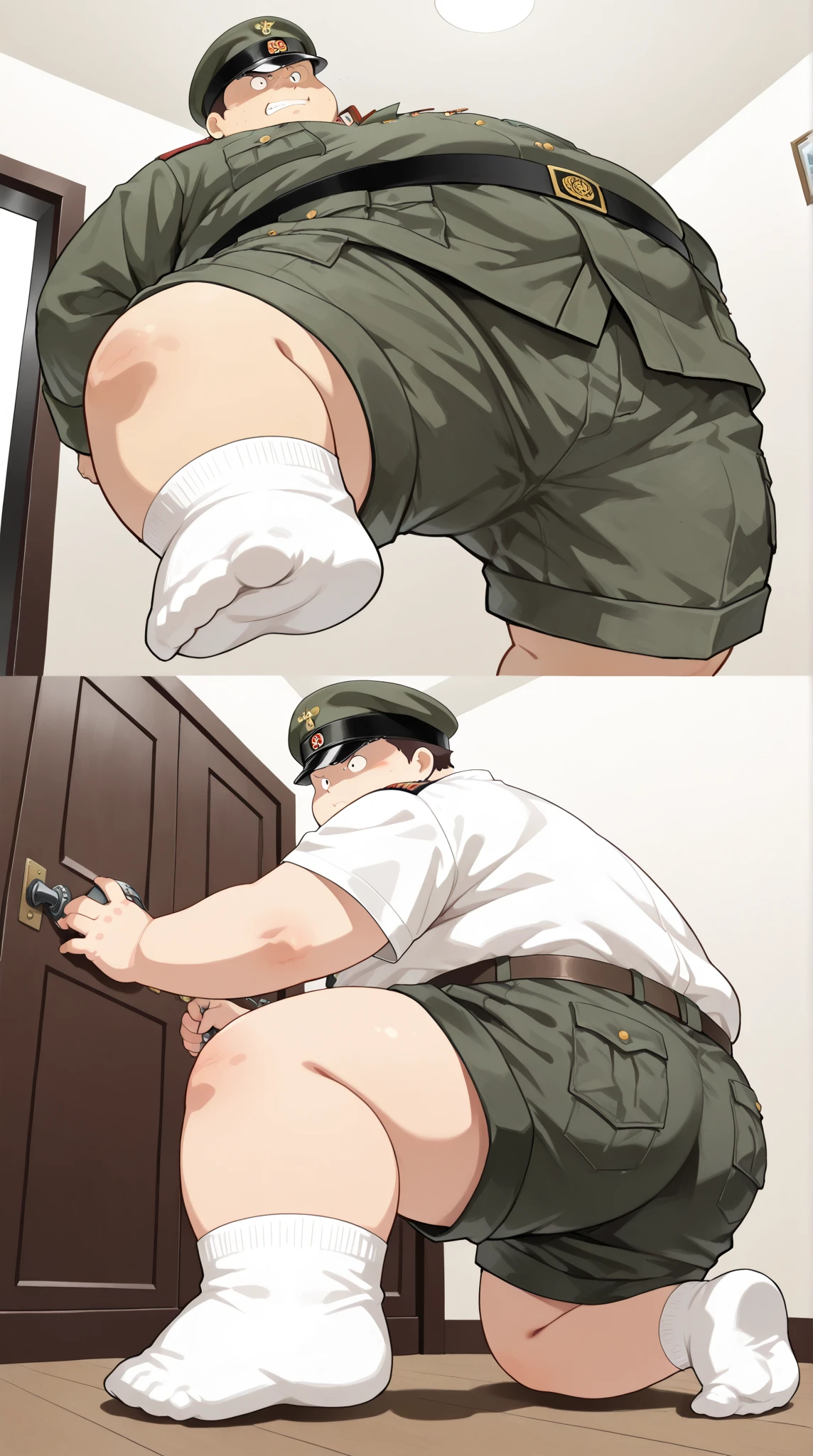 2 men having agressive Gay sex in military ,, against a wall, ,hand jobe