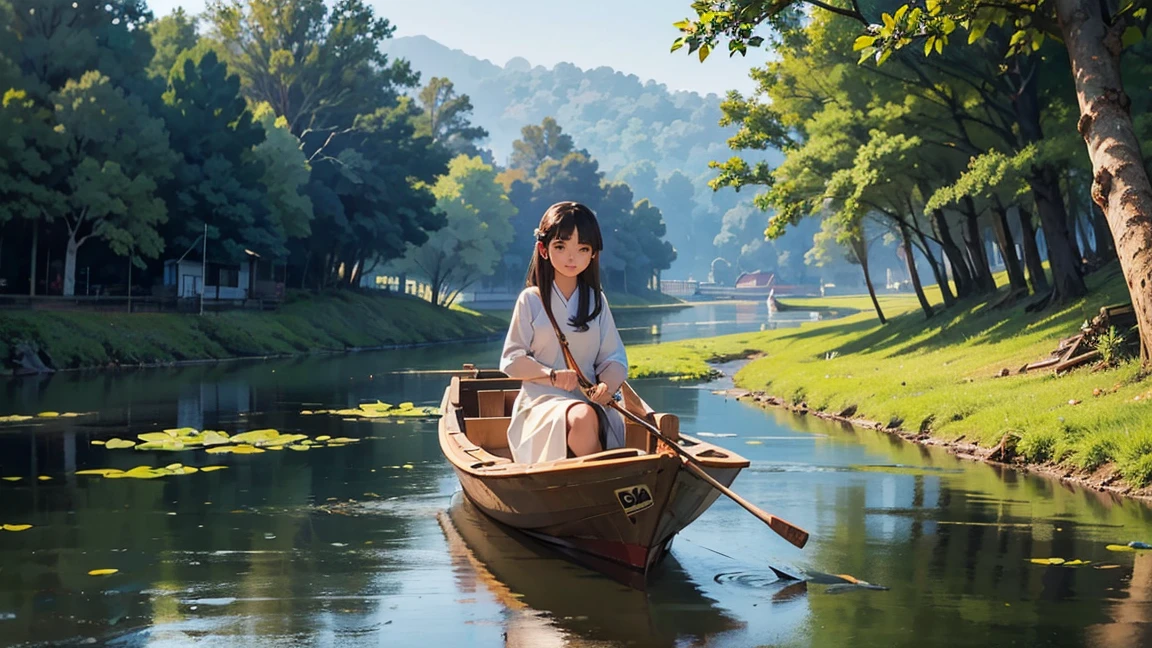 In the summer breeze,Lotus leaves gently sway on the pond,A small boat floats in it,Girl and her pet sit quietly on the boat。