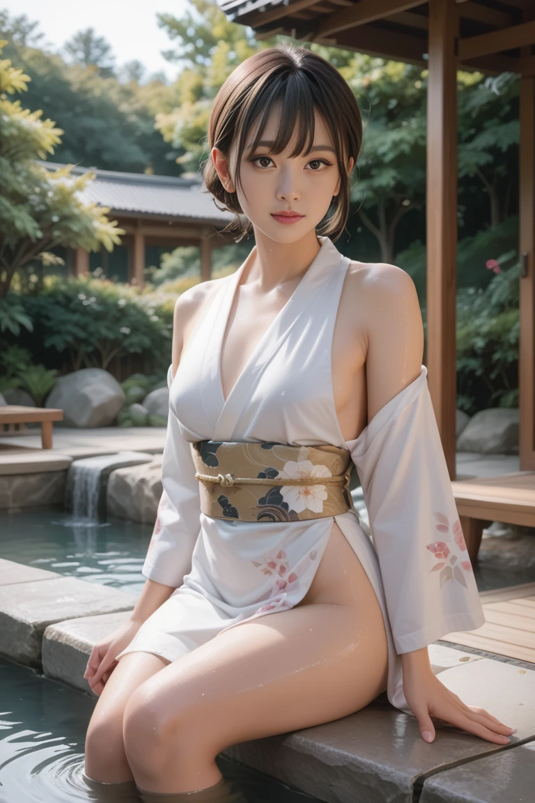 zydG, 1girls, Front view, standing,looking away, (from below),brown-eyed, (Ponytail with bangs:1.2), (medium breasts:1.4), embarrassed, blush, (photorealestic:1.4), (Top image quality:1.0), (UltraHighResolution:1.0), 8K, Raw photography, (A masterpice:0.2), yukata, (summer kimono),(panty shot), clothes lift, white panties,(sweat, wetty:1.1), portlate, facefocus,ful body,(pureerosface_v1:0.5), in the park,