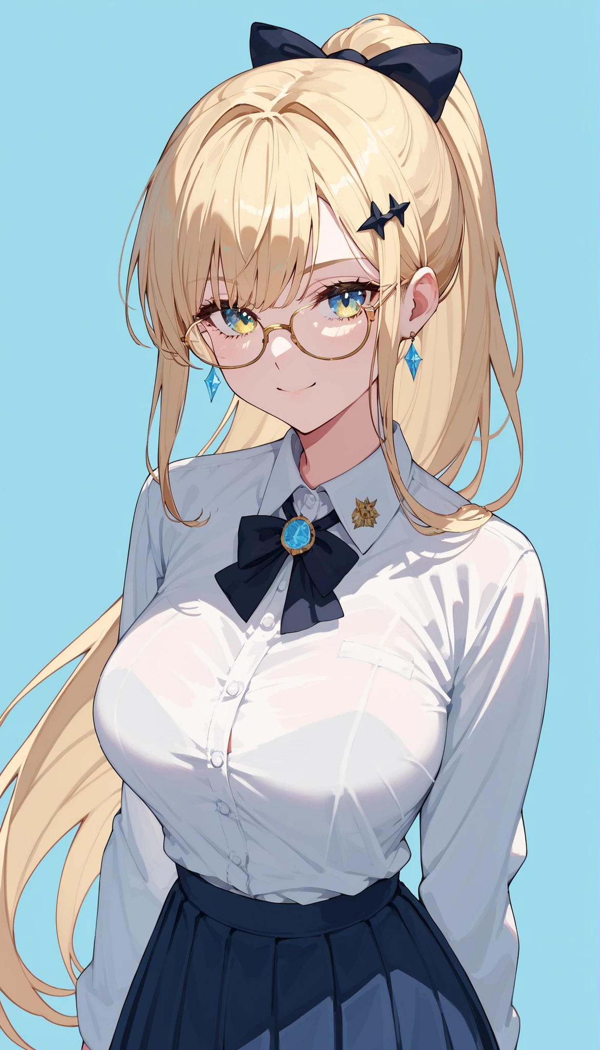 little girl,Golden bronze hair, Blue eyes,in blue and yellow eyes,Two tone eyes,milf,Big Breasts,long hair, alter ego,saint,slim,,light blue background,Collared shirt,navy pleated skirt,Bored, ponytailต่ำ,smile,Black barbed hairpin,Upper Body Shape,knot,glasses holder, ponytail,ribbon,