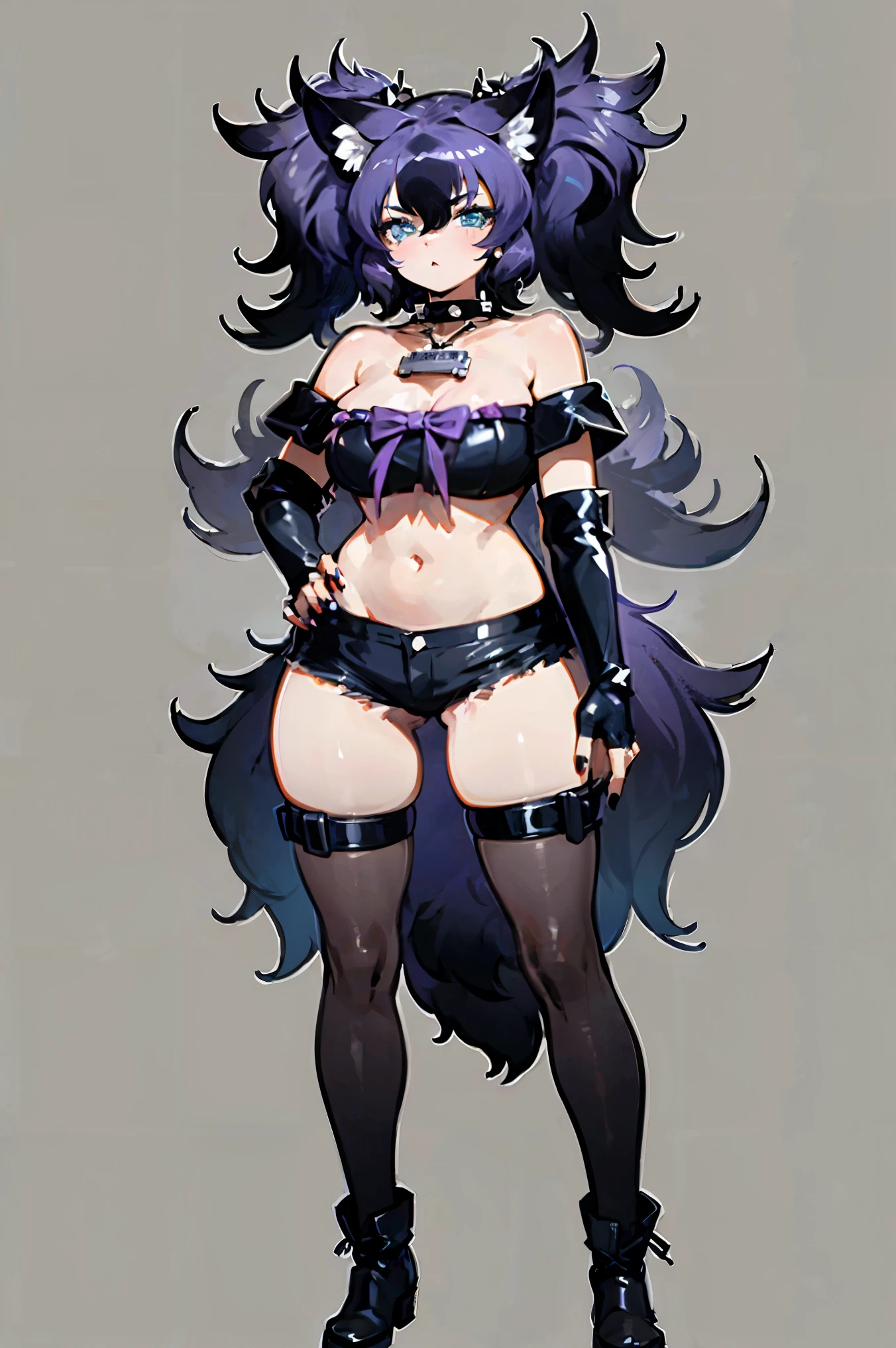 female, black long hair, yellow eyes, wolf ears, wolf tail, dark skin, (((1girl))), (((black metal bra))), (black short shorts), (black metal collar), (black thigh high heeled boots), cute and sexy, full body, large breasts, large butt, long legs, smiling, standing
