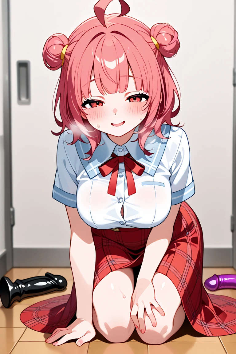 school girl, with uniform, breasts out of shirt, hand touching vagina. horny expression. kneeling on the mat.