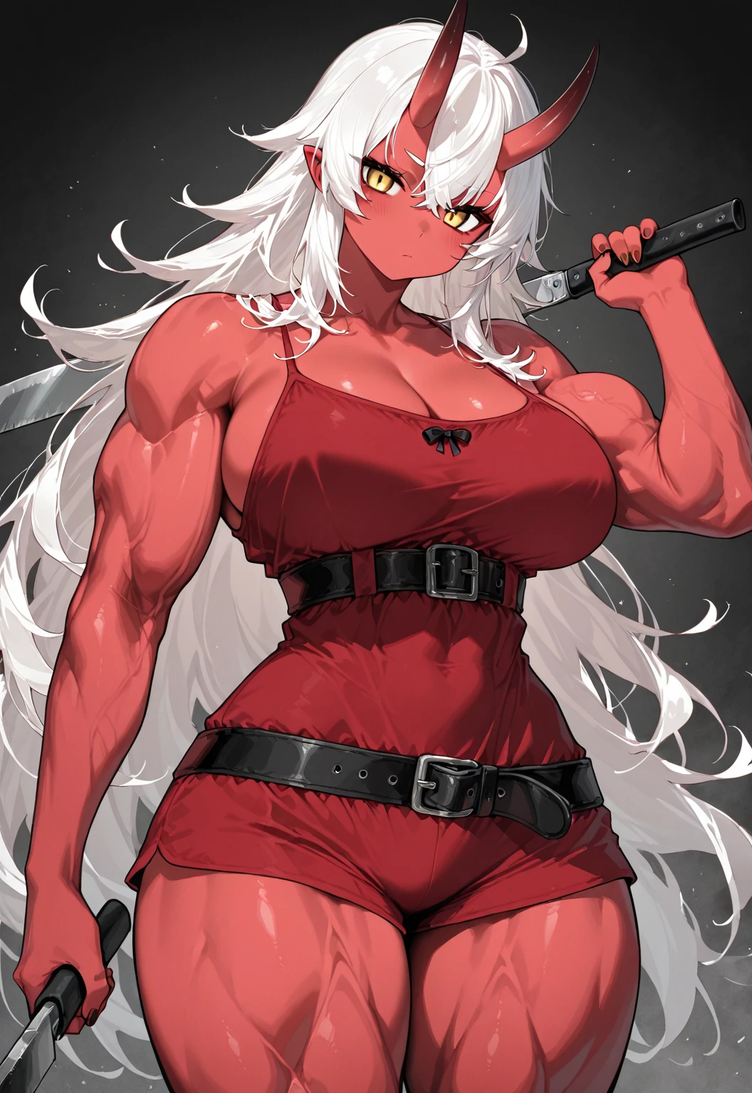 1girl solo black long hair yellow eyes very long hair pale skin muscular muscular muscular muscular toned body huge muscles thick thighs girl angry blushing tight thick thick thick thick