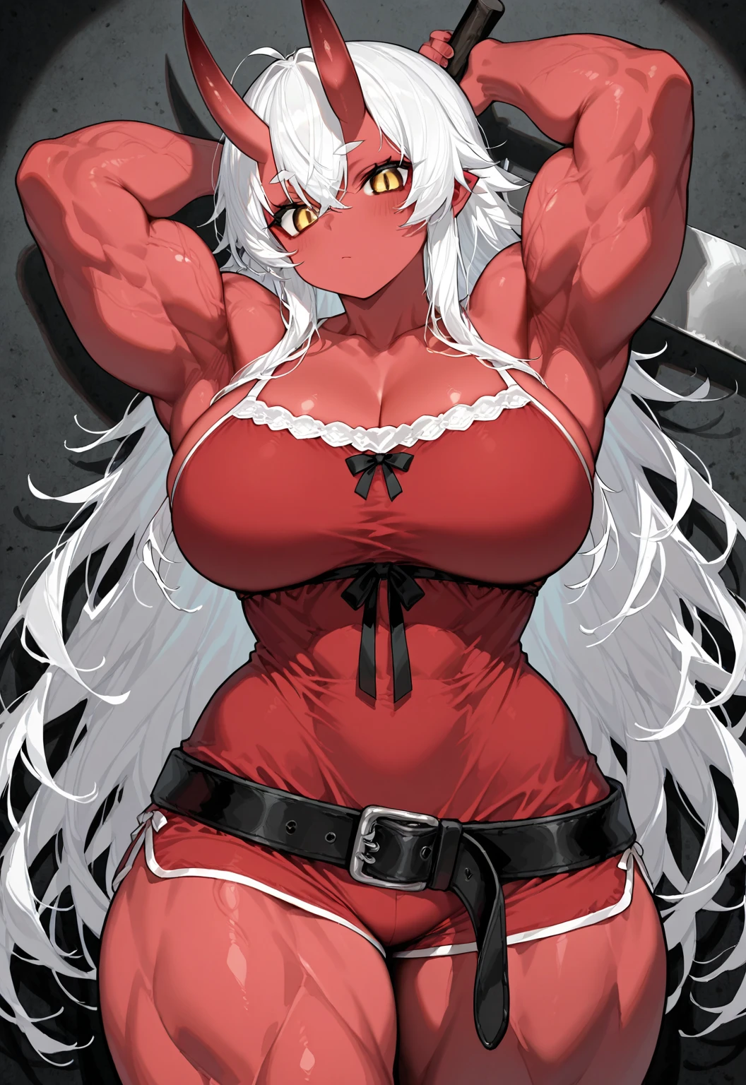 (best quality,4k,8k,highres,masterpiece:1.2),ultra-detailed,(:1.37),ghislaine dedoldia,animal ears,white hair,standing,sword holding,full body,boots,warrior,choker,fur trim,large breasts,abs,muscular woman,smiling,pants,flipflops