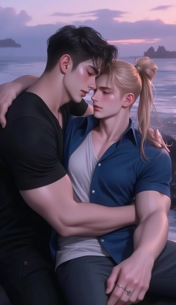 A Guy and a girl standing next to each other, a couple having sex, naked at the lake, intense shaking orgasms, dark sky with stars. she is cute and short with round hips and long blonde ponytails and small breasts. he is cute and has dark hair and a big penis. ((Full shot of a guy and a girl))