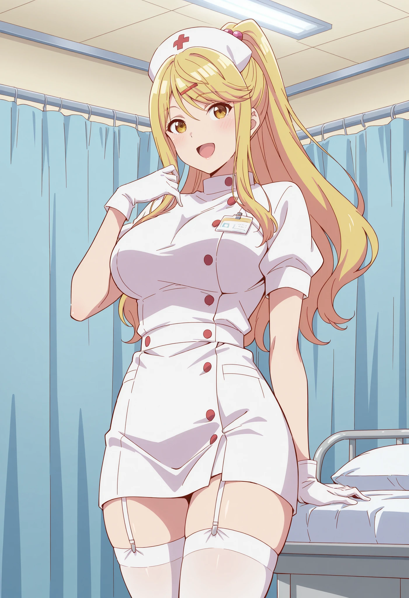 Score_9, score_8_up, score_7_up, source_anime, himari ishikura, solo, bangs, blonde hair, hair ornament, yellow eyes, ponytail, hairclip, high ponytail, large breasts, hair bobbles, (best quality), (high quality), {masterpiece}, extremely delicate and beautiful, ultra-detailed, beautiful detailed eyes, nurse, nurse hat, ((white nurse's outfit)), white gloves, white thighhighs, hospital room, smile, open mouth, standing