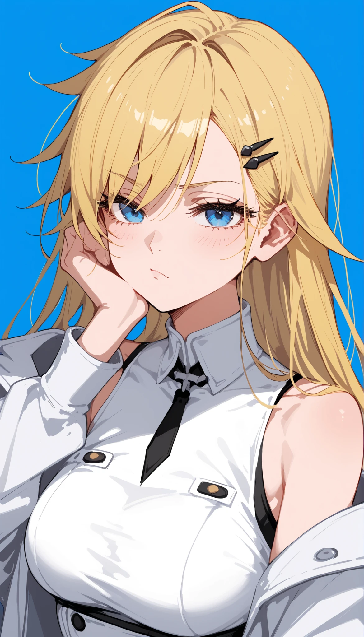 alone,girl,in blue eyes,Yellow hair,long hair,,Symmetrical hairstyle,white shirt,Long Eyelashes,Medium-Chested,polite,,black and white ribbon,Anime,Black Hairpin,white coat,Milf,slim,miniskirt,tights,Full blue background, Sleeveless Top, tomboy ,Upper Body Shape,Bored