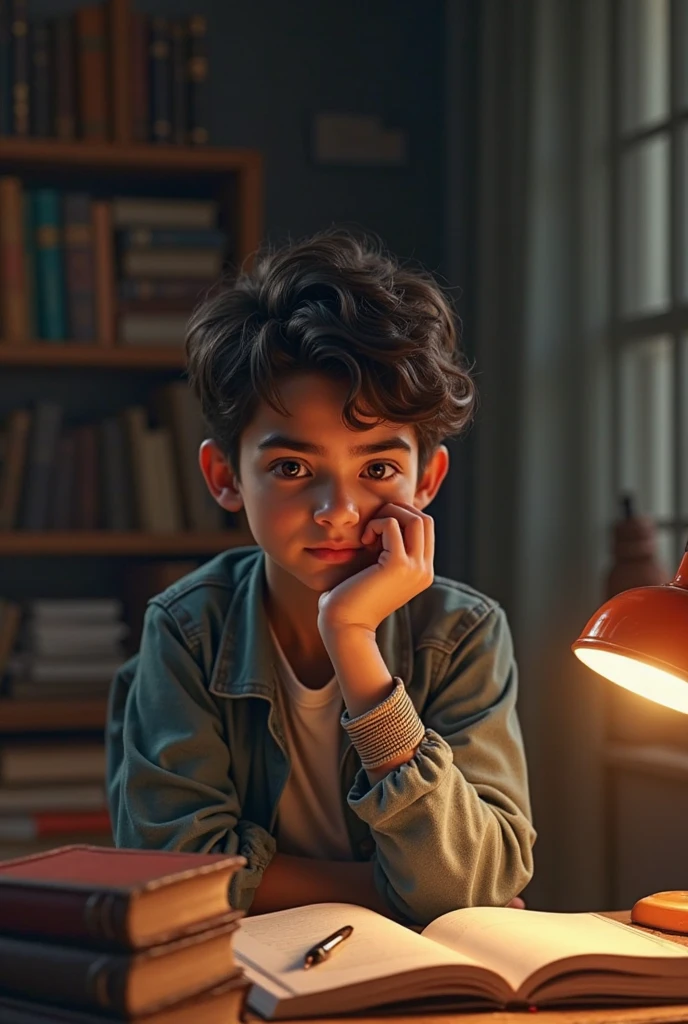 A 15 ywars old boy looking out of window, a book in his hand, cute face, wearing an orange color dress, photo click from his front