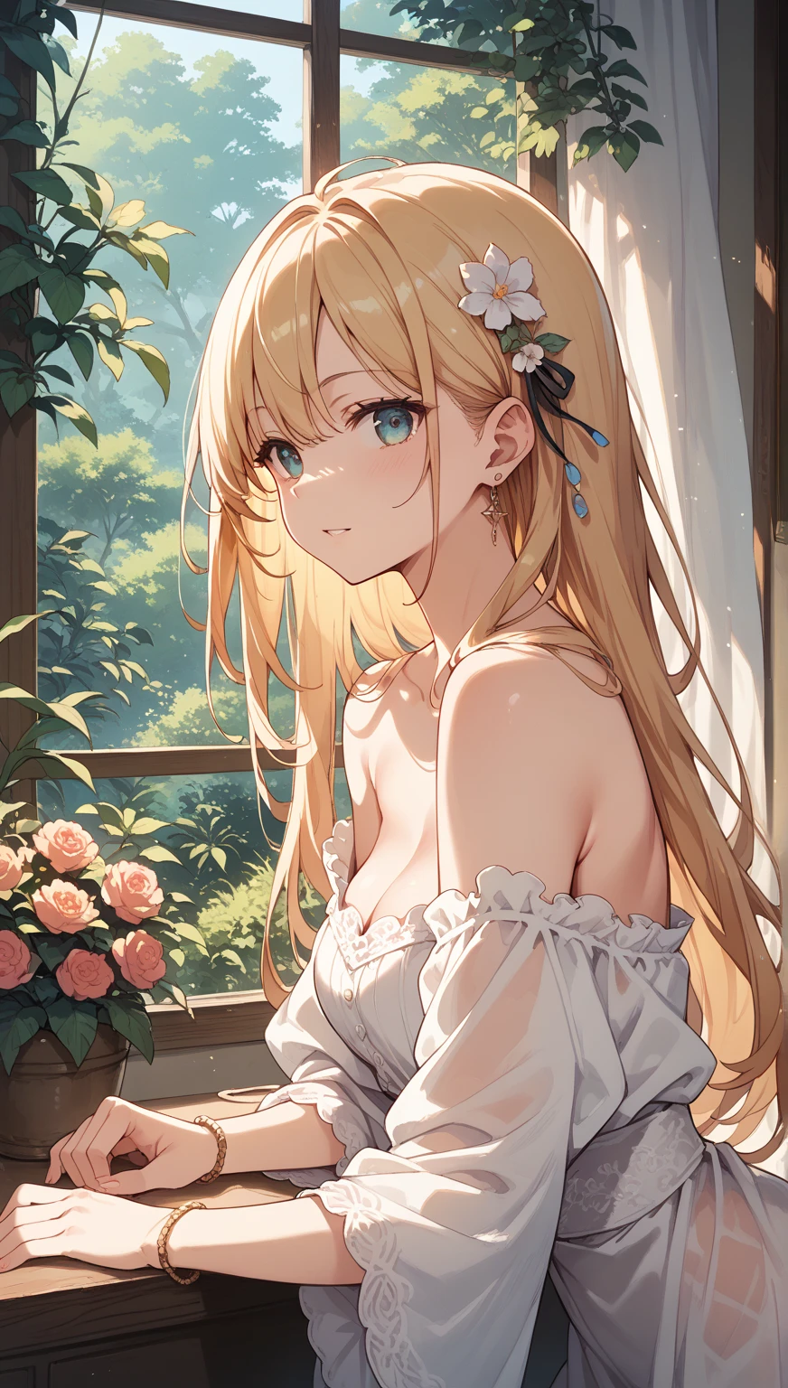 Shiny blond hair, very long hair, sophisticated haircut, ((((hair fully braided))), ((small twisted braids))), thin and oval face, submissive, ((((naked)))), cute and blushing 18 years old anime girl, looks away because she is embarrassed and blushes, bright blue eyes, detailed face, detailed members, detailed arms, detailed hands, Girl lying on a mat, tied by ropes, shackled, cannot move, tied tightly, very hard tied up with lots of ropes, hampered by so many ropes that she can no longer move, bound hands and feet, ropes tie entire body, tied extremely tightly and forcefully to the mat by