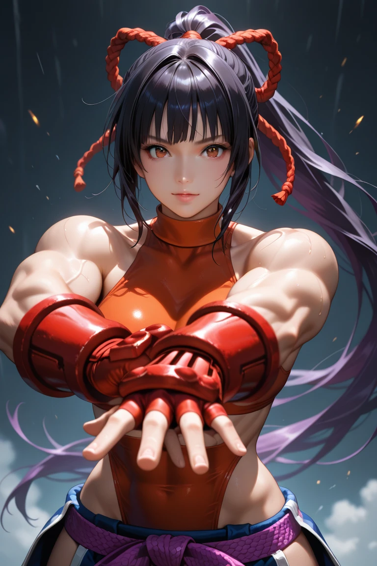 13-year-old girl, 独奏, Wearing transparent tights that fit snugly in a red bodysuit、With a thin fabric that emphasizes smiling buttocks、Super close-up looking up from below、gymnast、masterpiece, top-quality, realisitic, ultra-detailliert, (shinny skin, Sweating: 1.4), Versatile sexy poses、Long braided black hair, Brown-eyed, slender, dynamic light and shadow, hight resolution, foco nítido, depth of fields, Narrow-eyed, Sharp pupils, Realistic pupils, (breasts are small: 1.6), (Thigh thickness: 1.0),Gymnastics Stadium