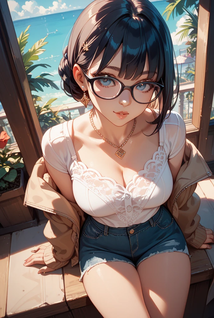masterpiece, best quality, 1 girl, beach, sitting on a beach towel, short hair, Glasses, t-shirt, shorts, have, blush, summer, soda can, Bag,Beautiful breasts、Huge breasts:1.4,plump breasts