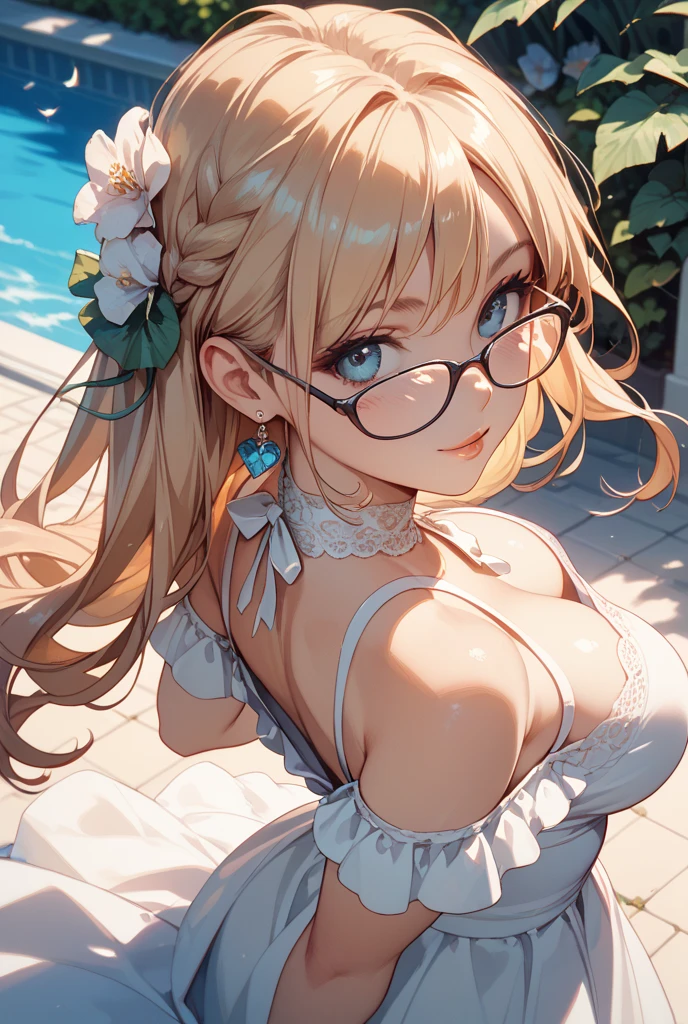 (masterpiece:1.2, best quality1:1, ultra-detailed:1.2, best shadow, 8k:1.1), (massive city:1.3, rooftop:1.1, city structures below, handrails), (contrasting background, bright background), (beautiful detailed face), high contrast, (perfect illumination:1.2, beautiful color, delicate color), ((cinematic light)), colorful, hyper detail, dramatic light, intricate details, (1 girl, solo, sandy blonde hair, smiling face,  wavy hair:1.1, green eyes, dynamic angle, white lingerie in wedding dress, cowboy shot, arms down), depth of field, glasses