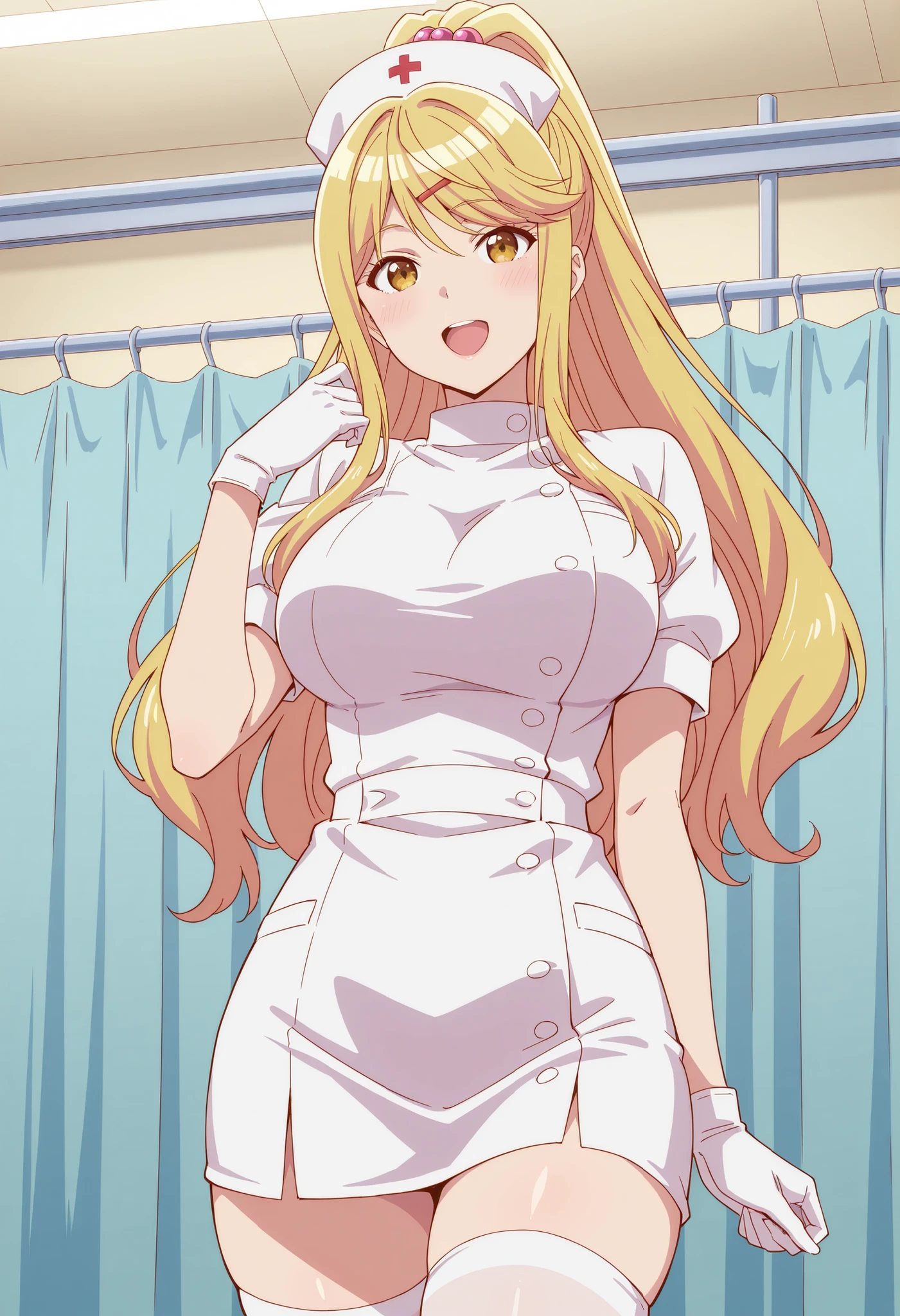 Score_9, score_8_up, score_7_up, source_anime, himari ishikura, solo, bangs, blonde hair, hair ornament, yellow eyes, ponytail, hairclip, high ponytail, large breasts, hair bobbles, (best quality), (high quality), {masterpiece}, extremely delicate and beautiful, ultra-detailed, beautiful detailed eyes, nurse, nurse hat, ((white nurse's outfit)), white gloves, white thighhighs, hospital room, smile, open mouth, standing