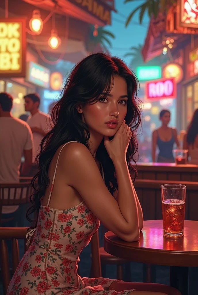 1 girl, tanned skin, black straight long hair, large ass, red summer dress, full lips, long eyelashes, pretty eyebrows, soft skin, black velvet choker, night, neon lighting, diamond earrings, red eyes, leaning on table, (best quality,8k,highres,masterpiece:1.2),ultra-detailed,(realistic,photorealistic,photo-realistic:1.37),cinematic lighting,dramatic atmosphere,intricate details,chiaroscuro,moody colors,glowing skin,sultry expression