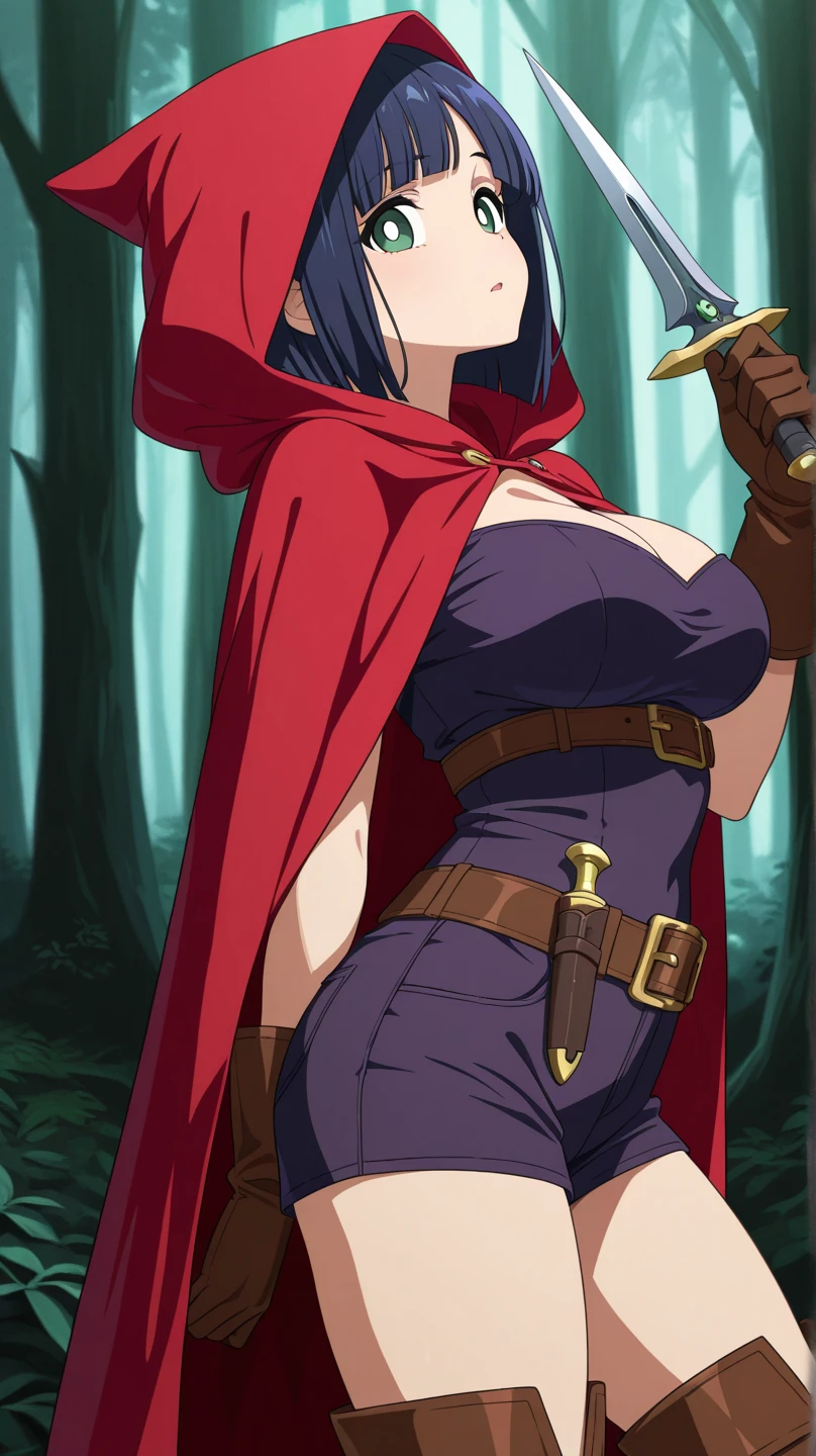 Kousaka honoka, huge breasts, long Braids ,(strapless leotard:1.2), thighhighs boots ,long magical scarf, gloves, night,full moon, forest,cape, sitting on ground, open legs,belt, (serious expression:0.8)