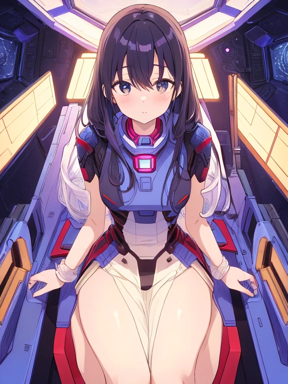 high quality, 1girl woman, (diaper:1.15), retro, (90's anime screenshot:1.15). cluttered starship interior, crew inside a starship, (by Hajime Sorayama, Greg Tocchini, Virgil Finlay), sci-fi, colors, neon lights