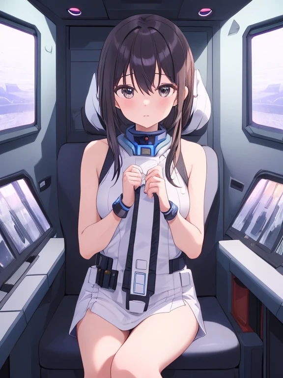 android, beautiful robot, short pigtails, brown hair, Hair tie with two big red clothespins, big smile, brown hair, middle age, joint seam, blue eyes, full body figure, Height: 160cm, Light beige micro mini one-piece dress, fluttering skirt, skirt folds, white retro swimwear, Uplifting, 2020s anime style, 21thcentury japan animation, show White pantie, strong wind is blowing.