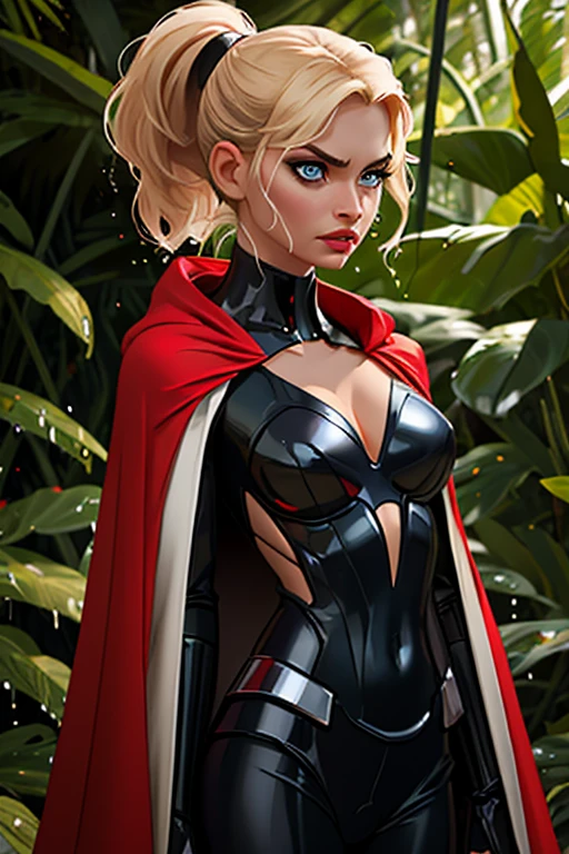 Yvonne Strahovski. Harley Quinn from DC Comics beautiful Hungarian woman, intricately decorated, realistic rendering Character design, photorealistic, unreal mechanism, hyperdetailed. ((best quality)), ((masterpiece)), ((realistic)), (detailed), close-up portrait, full-body portrait, blue eyes, black and red costume, highly detailed skin and hair, looking at the viewer, stunning gradient colors, sadistic smile, detailed background, city at night, detailed mouth, incredibly detailed, ((masterpiece)), absurdities, HDR.