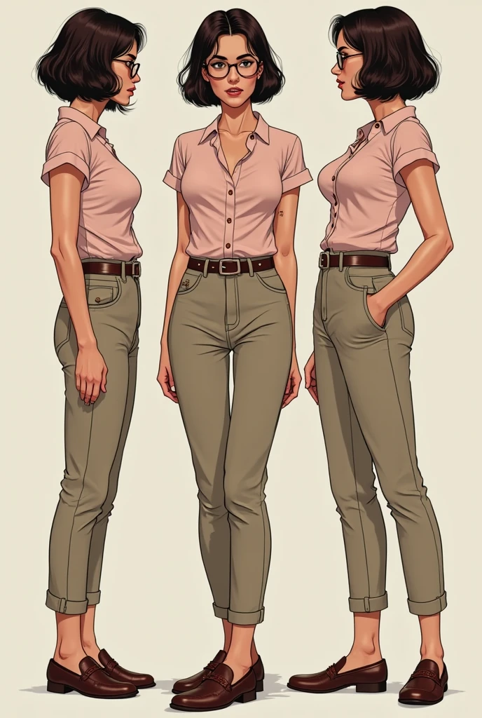 digital art, highly detailed, reference sheet in multiple angles, standing pose, feminine features, mature woman, adult female, curvy figure, whole body, bald, form-fitting, biker jacket, office shirt, sleeves folded up to mid-arm, double belt, long pants, heeled boots, 1woman, solo, upper body, lower body, ((Extremely Detailed)), ((Best Quality)), ((Masterpiece)), ((4k)).
