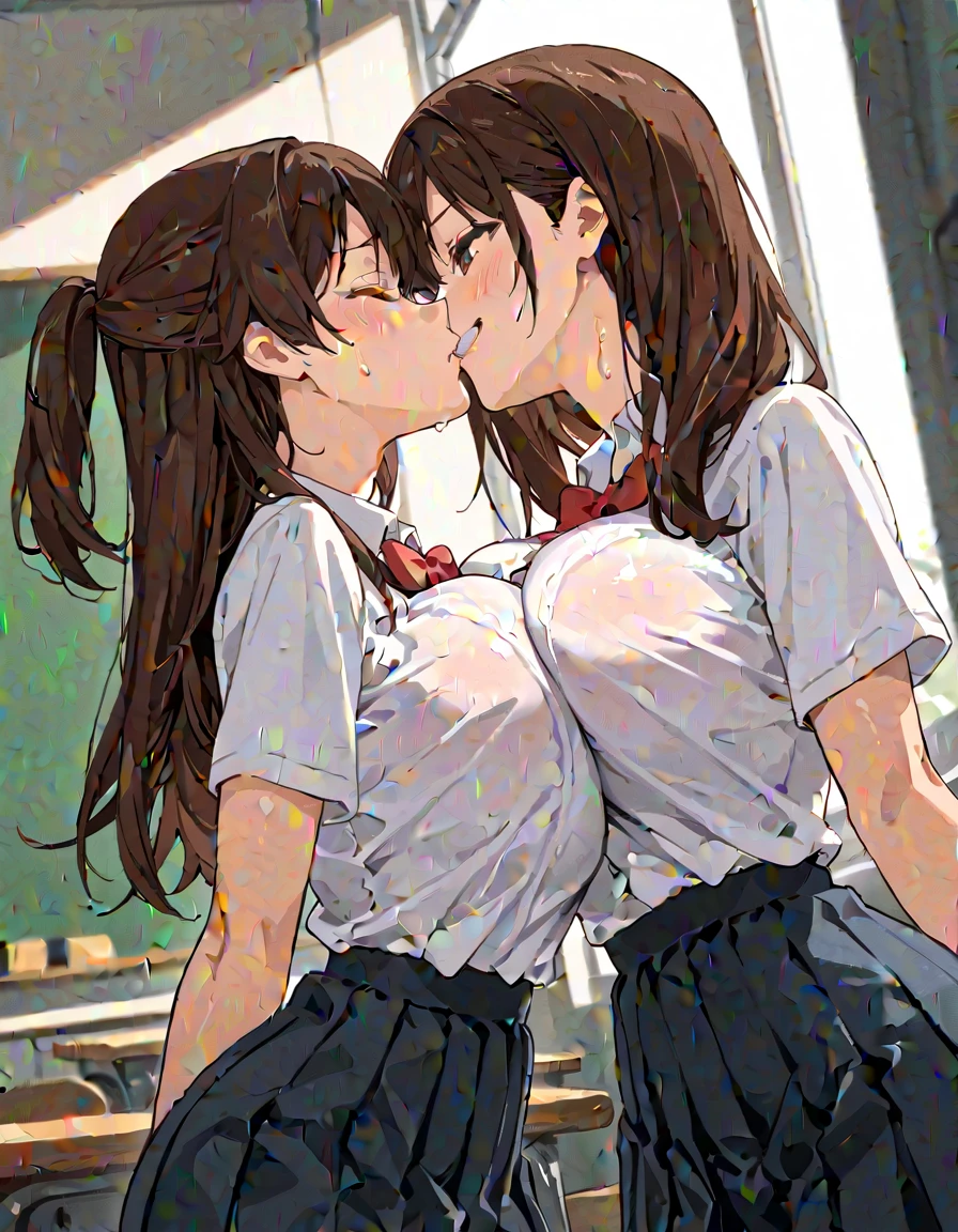 (((masterpiece, Highest quality, High resolution, 超High resolution, Pixel perfect, Written boundary depth, 4K, About RTTX10.0))), Beautiful Anime Women, Beautiful art style, Anime characters, ((Smooth texture, Realistic texture, Anime CG Style)), Exact finger count、Exact number of legs、(Exact number of arms:1.0, Exact number of hands:1.0), (Perfect hands, Perfect ???????), Cinematic, Realistic, Highly detailed CG, Daytime lighting, Perfect lighting, Best Shadow, The best natural light, whole body, Perfect body, (Slender body:1.2), whole body, ((bangs, Dark brown hair, ponytail)), ((Two women kneel and intertwine their tongues, kiss:1.7)), ((Beautiful eyelashes)), ((Detailed face, Blushing:1.2)), (Beautiful and large breasts:1), (Amazingly beautiful girl), (School classroom:1.3), (Fashionable white shirt, Sailor collar, Navy blue sailor suit, Knee-high socks, Navy pleated mini skirt:1.3), (Open your mouth wide:1.5), (セクシーでcuteパンティ, Shiny satin side-tie light blue panties, Light blue panties with a plain center and lace on the sides:1.3), ((close your eyes:1)), ((cute, Sighing expression)), Breathe with your shoulders, sexual pleasure expression, Holding in pee、Patience is the limit、On the brink of climax, (Perfect ???????, Perfect number of arms, Perfect hands)、(cum on face, cumin mouth:1.1), Side angle, (My face is covered in sticky white liquid,　There is a lot of sticky  in the mouth:1.1)