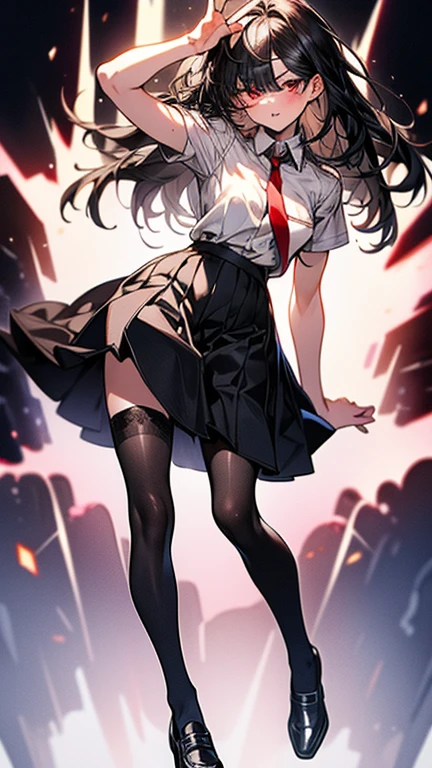 ((Biologically correct limb count))、(( Full-body photo including face))、4K、((Standing position))、masterpiece、((Focus on the face))、((Symmetrical facial features))、Eye for detailed depiction、Beautiful blue-haired woman、Excellent style、Beautiful clavicle、Beautiful feet、Beautiful Hands、Slender body、(blazer、skirt、Black Stockings、garter belt、High heels）、Facial detailing、Small earrings、necklace、tie、Looking at the night view、(Low - Angle、Camera angle to shoot the inside of the skirt from below)、(((Black Hair、Silver Hair)))、((A big smile)))、((Face forward and stick your chin out))、Close-up photo of the upper body、