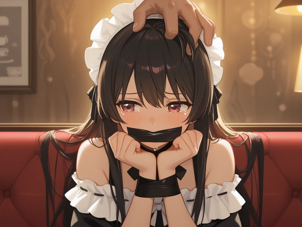 maid headdress, (Very detailed CG ユニティ 4k 壁紙),(masterpiece),(Highest quality),(Very detailed),(Best illustrations),(Best Shadow),(Absurd),(Detailed Background), Misaki Ayuzawa, One girl, alone, Maid clothes, Day, Black Hair, Long Hair ((((black blindfold)))), ((((Chain Lead、Animal Collars, chain leash, collar, viewer holding leash, animal collar connected chain leash, On all fours, Put your hands together)))), (((open mouth, tongue out, stick out tongue, long tongue, full face blush, sexual ecstasy smile, fucked silly, vulgarity))), perfect female body, medium breasts,