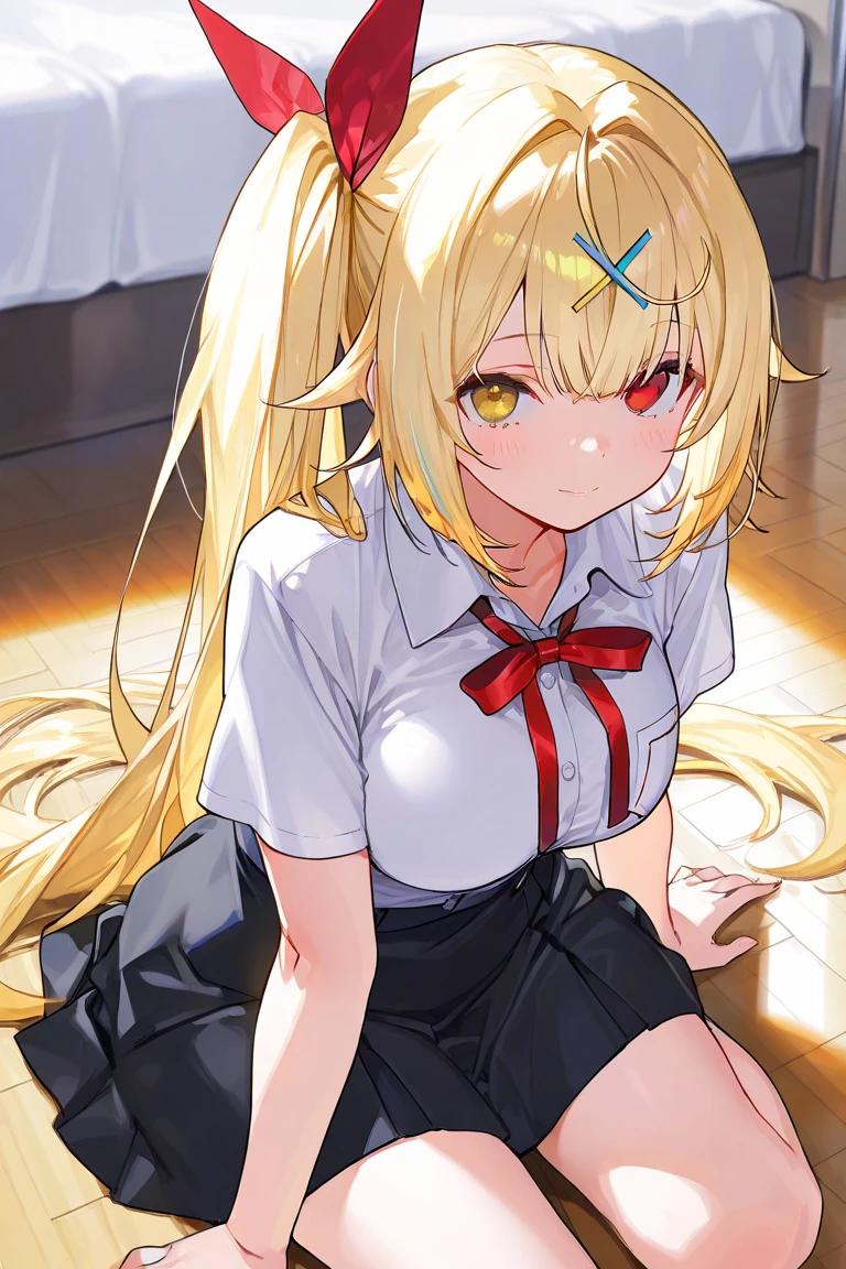 muste piece, best quality, 1 girl,blonde, (black eye:1.2),((on the bed))、(((Panty stocking)))、((embarrassed expression))、((Mi Hai Sand))、((Photo from below))、(((school uniform)))、((long hair))、((big breastini skirt))、(twin tails)、