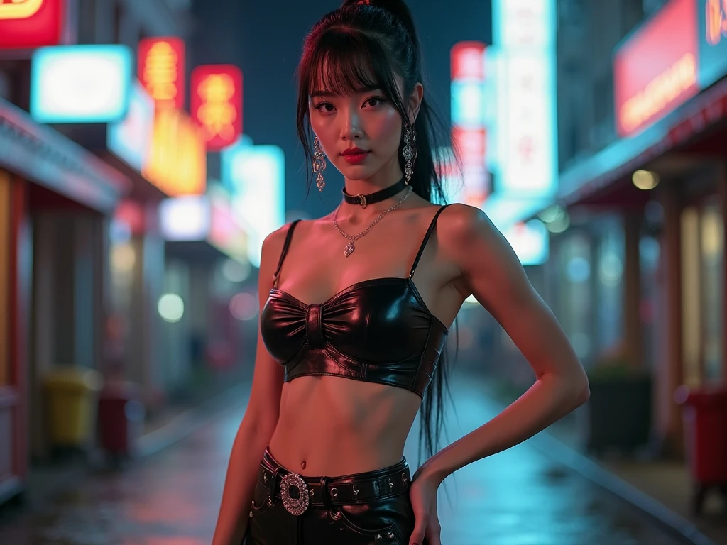 8k, masterpiece, raw photo, Best Quality, photorealistic, extremely detailed CG unity 8k wallpaper, depth of field, cinematic light, Lens flare, ray tracing, (extremely beautiful face, Beautiful lips, pretty eyes), face with intricate details, ((ultra detailed skin)) 1 girl, In the dark, deep shadow, cute korean girl, kpop idol, 1 girl, (very thin slender fit-muscled body:1.3), ((looking at the viewer)),(big smile:1.3), (Midnight, dark night, (neon sign), (blurred background), luz outfit), (without people in the background:1.3), Beautiful earrings, wifes, collar, shackles, light eyes, walking , front shot, (Pale skin), (large eyes), look forward, (full body shot), (brown hairs), open navel, (looking at the viewer:1.3), very thin, medium breasts, (camel toe), thick thighs, Return, (flowy lace-up mini dress), ((white dress)), (Tight skirt), ((Coming back, return shot)), Ultra mini skirt, exposed ass, top shot nude