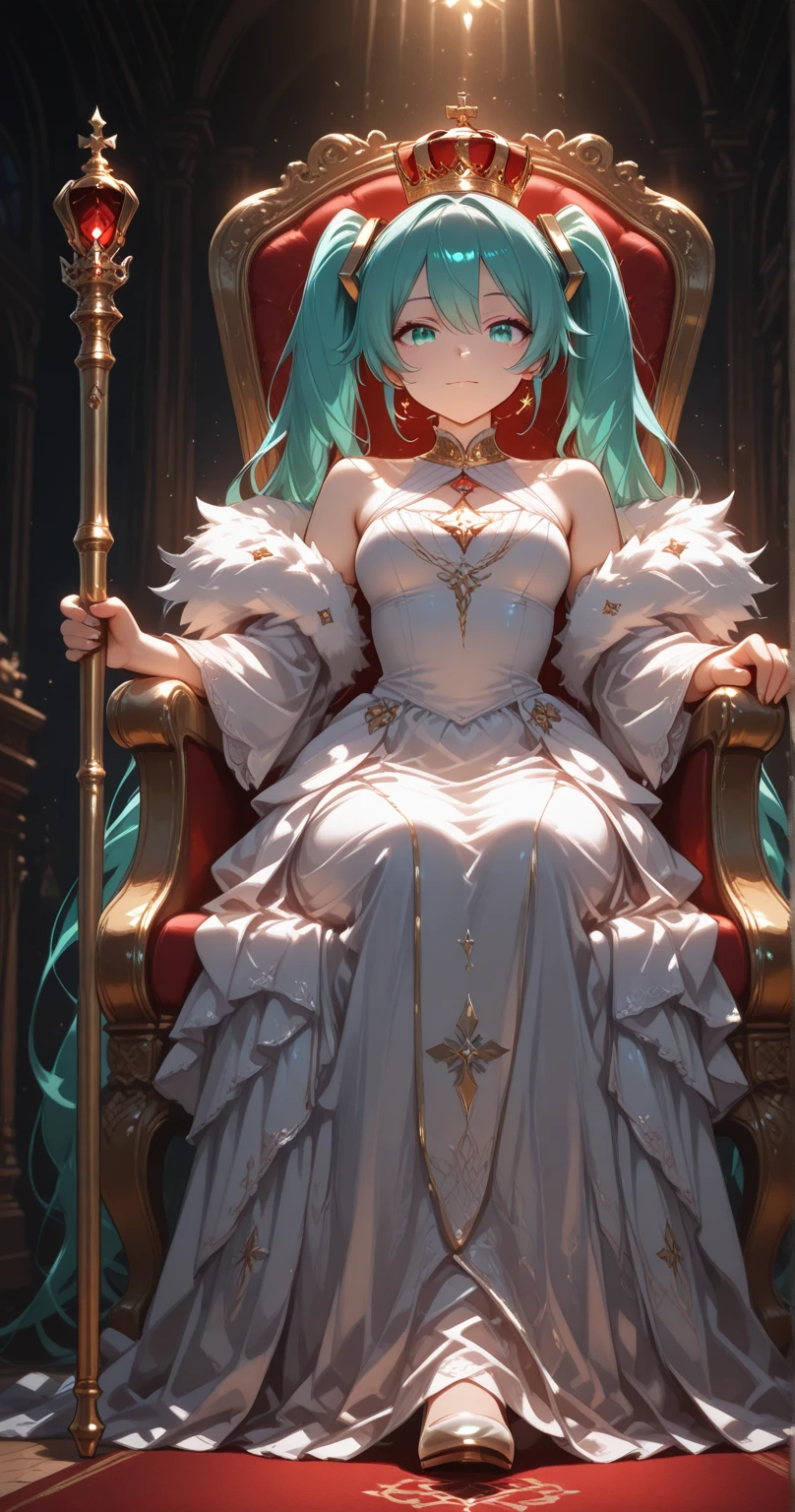 full body pov，Standing painting，anime big breast，Pseudo-thick coating，British royalty，Gorgeous vintage maxi dress，European，A princess，opulent，Exquisite work，tmasterpiece，a chair，Princess sitting in a chair，frontage，stately，tmasterpiece，UHD，Standing painting style，Fair skin，The solar element，Moon element，teens girl，Black and white gold color scheme，Detailed accessories，Gorgeous crown，stunningly beautiful
