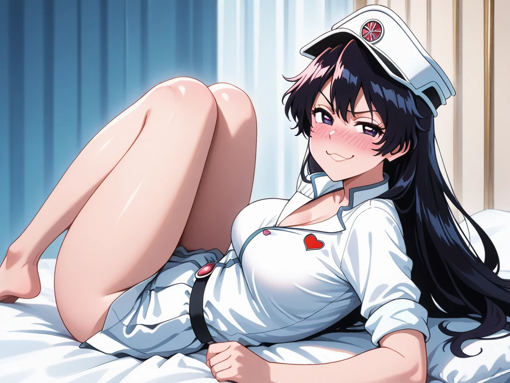 anatomically correct, best quality, masterpiece, high quality, high details, highres, HD, black hair, long hair, hair ornament, purple eyes, breasts, epic art, fantasy, breasts, solo, (shaded face:1.2), hollow eyes, purple eyes, looking at viewer, lips, makeup, blush face, steaming face, seductive smile, beauty mark, looking at viewer, huge breasts, sagging breasts, sweating, nyotengu, hat, 1girl, breasts, nurse_cap, nurse, black_hair, lying, bed, on_side, open_mouth, looking_at_viewer, long_hair, stethoscope, smile, on_bed, pillow, bangs, nail_polish, blush, solo, bed_sheet, indoors, id_card, short_sleeves, large_breasts
