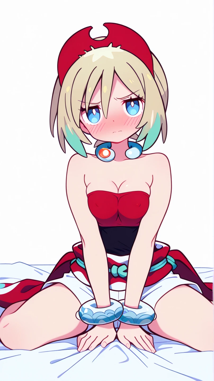 masterpiece,1girl,solo,green hair, big blue eyes, short hair, mecha head gear, blush, smiling, navel, cleavage, sarashi, paw pose, Put your hands on the ground、Raise your buttocks high, red pantie, black elbow gloves, red fingers, small breasts, full body, full body in frame